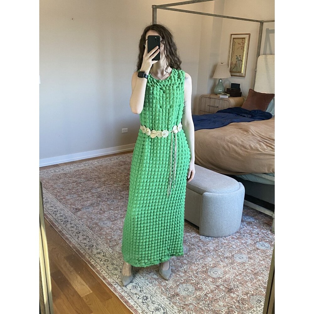 Green Textured Stretch Dress Size L XL Sponge Knit Minimalist